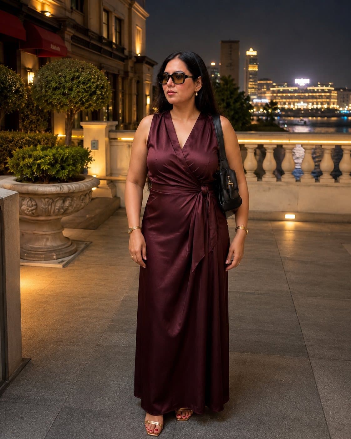 Burgundy Satin Wrap Maxi Dress